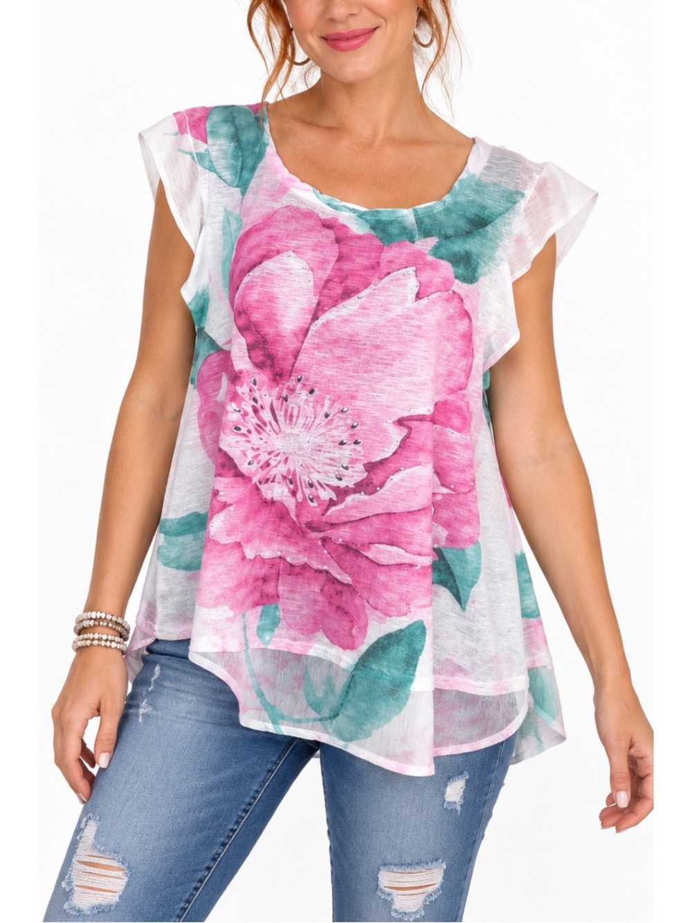 Style & Co White top with large pink floral print, size Medium
